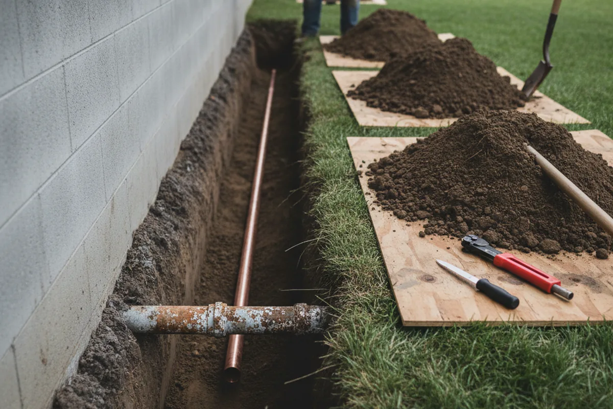 Excavated water line trench during Water Softener Installation in Windsor Heights